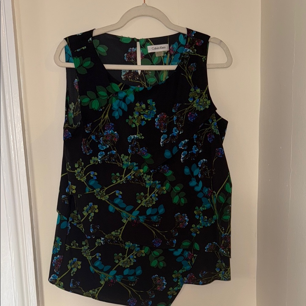Calvin Klein Black and Green Floral Tank Top